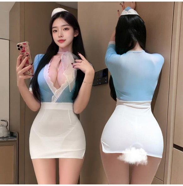 FEE ET MOI - Sweet Airways Deep V Bodycon Stewardess Outfit (Blue - White) FEE ET MOI - Sweet Airways Deep V Bodycon Stewardess Outfit (Blue - White)
